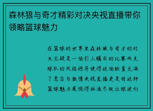 森林狼与奇才精彩对决央视直播带你领略篮球魅力
