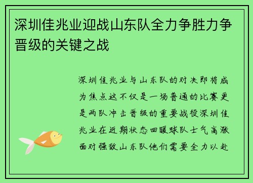 深圳佳兆业迎战山东队全力争胜力争晋级的关键之战