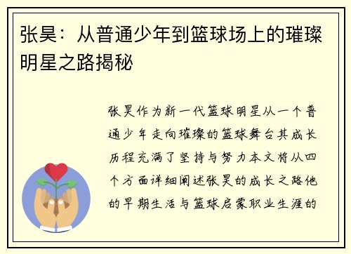 张昊：从普通少年到篮球场上的璀璨明星之路揭秘