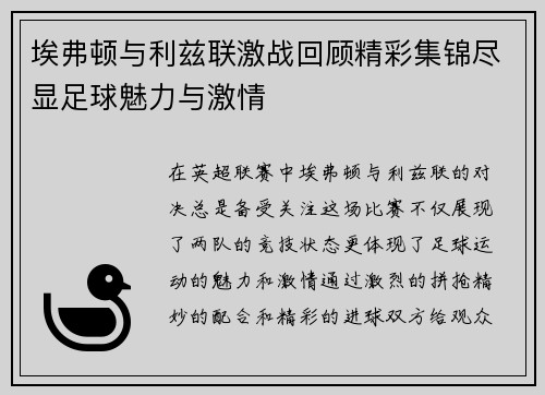 埃弗顿与利兹联激战回顾精彩集锦尽显足球魅力与激情