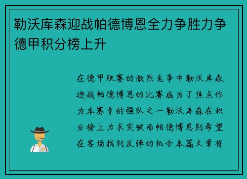 勒沃库森迎战帕德博恩全力争胜力争德甲积分榜上升