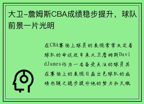 大卫-詹姆斯CBA成绩稳步提升，球队前景一片光明