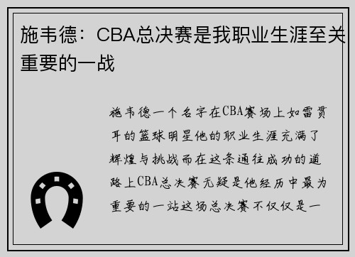 施韦德：CBA总决赛是我职业生涯至关重要的一战