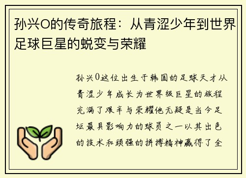 孙兴O的传奇旅程：从青涩少年到世界足球巨星的蜕变与荣耀
