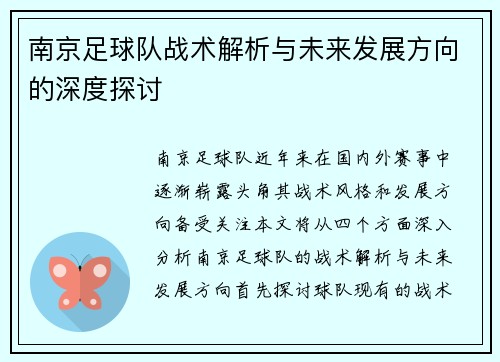 南京足球队战术解析与未来发展方向的深度探讨