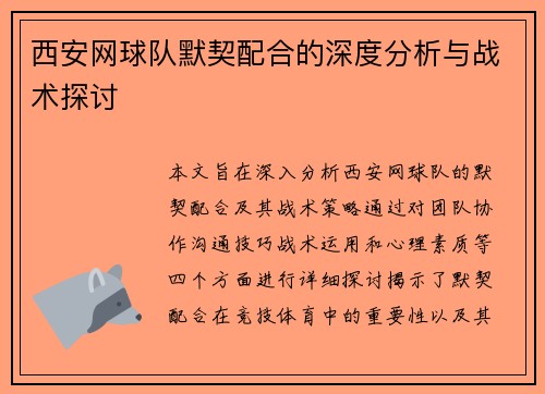 西安网球队默契配合的深度分析与战术探讨
