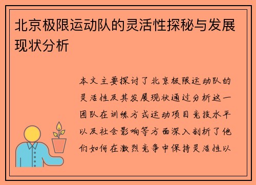 北京极限运动队的灵活性探秘与发展现状分析
