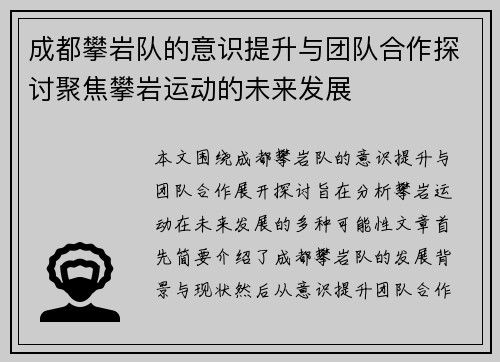 成都攀岩队的意识提升与团队合作探讨聚焦攀岩运动的未来发展