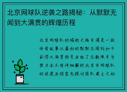 北京网球队逆袭之路揭秘：从默默无闻到大满贯的辉煌历程