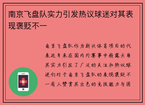 南京飞盘队实力引发热议球迷对其表现褒贬不一