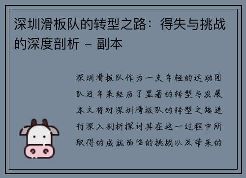 深圳滑板队的转型之路：得失与挑战的深度剖析 - 副本