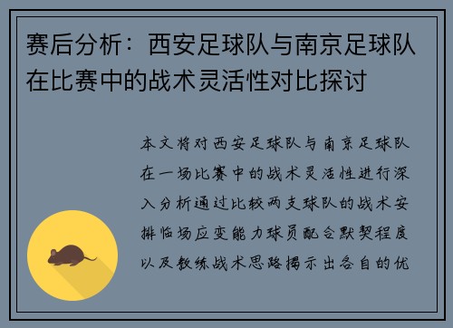 赛后分析：西安足球队与南京足球队在比赛中的战术灵活性对比探讨
